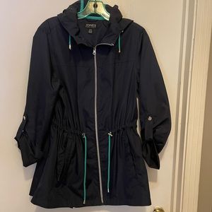 Drawstring parka rain jacket with hood.